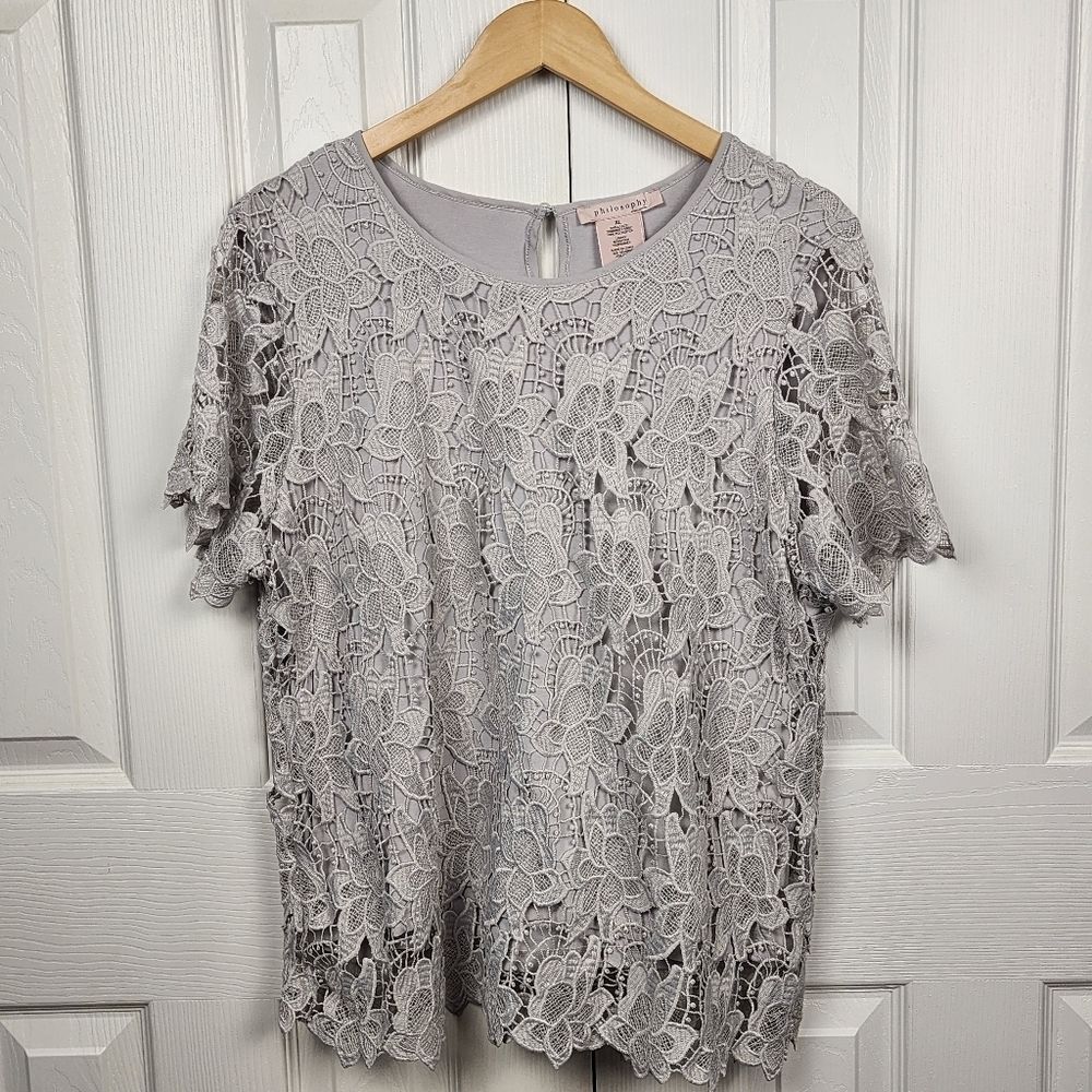 Philosophy Short Sleeve Gray Blouse With Embroidered Lace Overlay Size XL